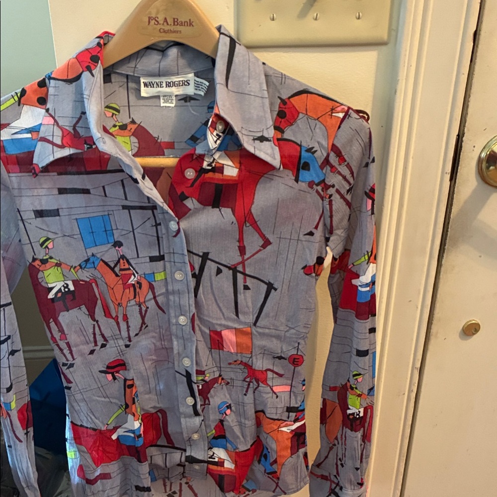 Women’s very vintage equestrian themed stretch shirt/ blouse by Wayne Rogers